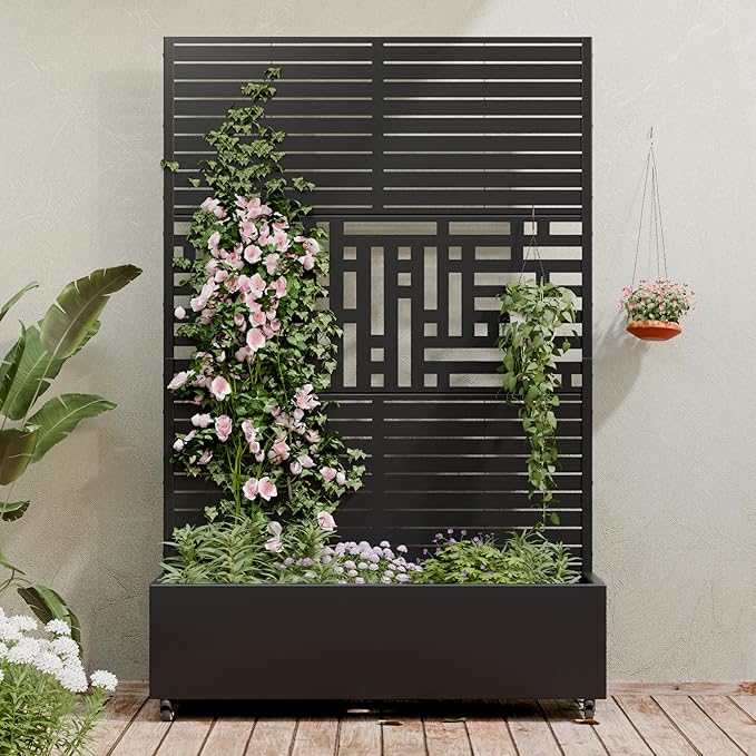 Casaphoria Metal Raised Garden Bed with Trellis and Wheels 72x47x16 Planter Box for Climbing Plants Vegetables &amp Vines Features Drainage Holes and Privacy Screen Black(Louvered&ampHelen)