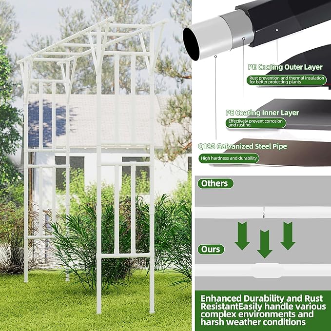 Flat Top Garden Arch Trellis Pergola 11.8 x 9.02 FT Large Metal Arbor for Climbing Plants Plastic-Coated Galvanized Steel Frame Outdoor Decorative Arch for Garden Backyard Lawn (White)