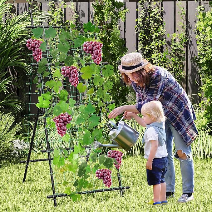 Happygrill Trellis for Climbing Plants Outdoor Cucumber Trellis w/PE-Coated Frame Trellis Net Fixing Clips Zip Ties A-Frame Sturdy Metal Plant Support for Tomato Grape Clematis