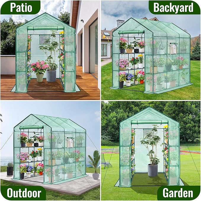 Greengro Greenhouse 57 x 85 x 76'' Greenhouses for Outdoors Portable Greenhouse Kit with Mesh Side Windows PE Cover 8 Shelves Heavy Duty Walk in Green House for Backyard Garden Indoor Outside