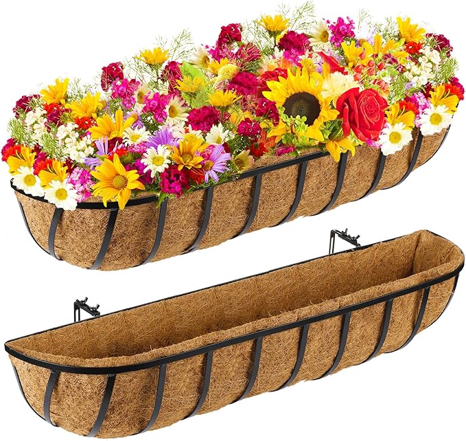 Tessco for you 2 Pieces Railing Planter Boxes 36 Inches Window Box Planters with Coco Liner and Adjustable Brackets for Deck Porch Fence Patio Balcony Gardening Outdoor Plants