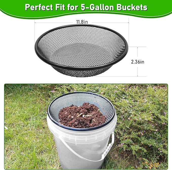 2Pcs 11.8 W Soil Sifter for Gardening 2 4mm Grid Rock Sifter for 5 Gallon Bucket Stainless Steel Fine Dirt Sifter Compost Sifter for Capturing Dirt Sand Rocks and Filtering Compost (Black)