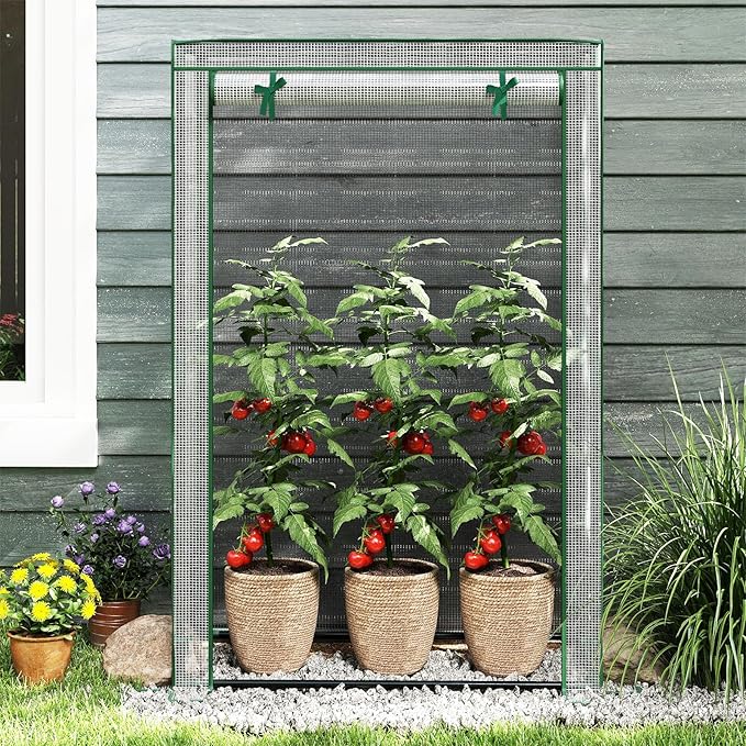 Giantex Portable Mini Greenhouse Heavy Duty PE Cover Elector-Coating Metal Frame Waterproof Sun-Protective Tomato Green House with Roll-Up Zippered Door Indoor Outdoor Clear 39 x 20 x 59