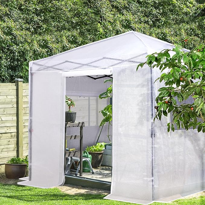 EAGLE PEAK 8x8 Portable Walk in Greenhouse Pop Up Indoor Outdoor Greenhouse Green House Kit with Zippered Roll-Up Doors and Windows PE Cover Clear/White