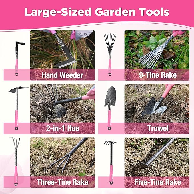 WORKPRO 6-Piece Pink Garden Tool Set Heavy Duty Gardening Hand Tools with Soft Rubber Handle Including Trowel Rakes 2-in-1 Hoe and Crack Weeder Ideal Gardening Gifts for Men and Women