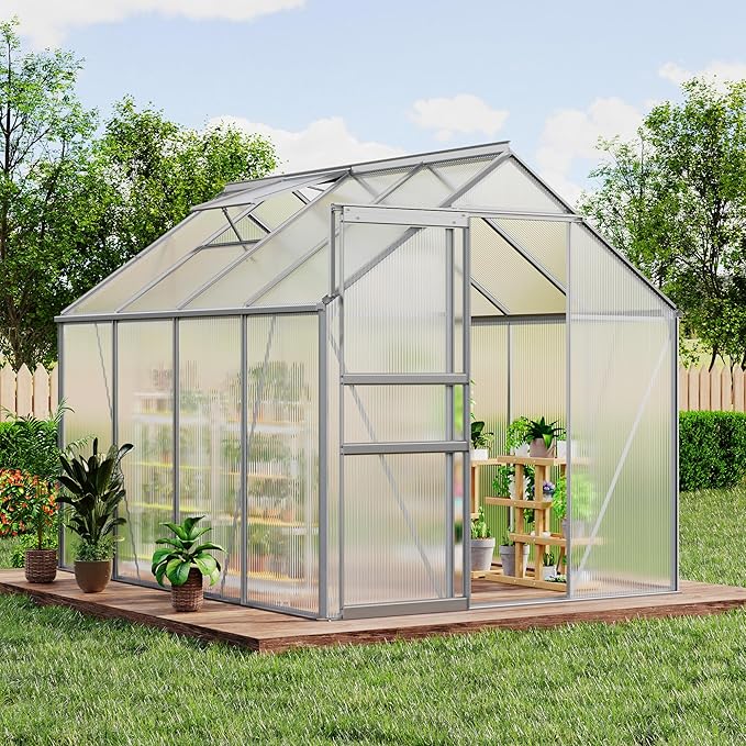 CABIHOME 6 x 6 FT Greenhouses for Outside Polycarbonate Greenhouse with Aluminum Frame Sliding Door Adjustable Roof Vent Backyard Green Houses Patio Garden Black (Silver 6x8 FT)