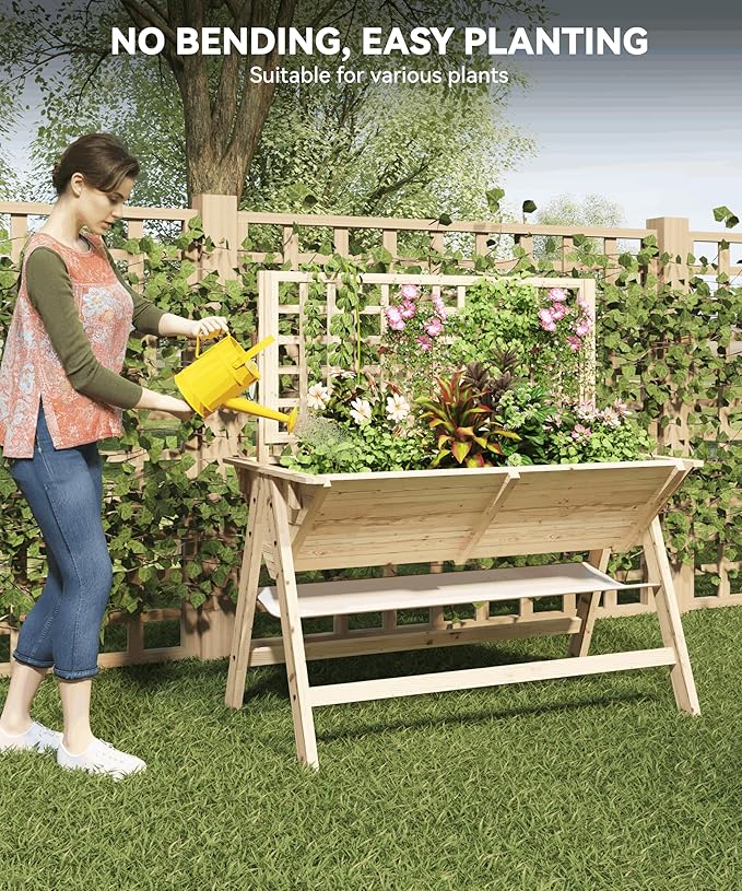 GarveeHome 52x30x54 in Raised Garden Bed with Legs Elevated Wooden Raised Planter Box with Vine Climbing Trellis Outdoor Standing Growing Bed for Growing Vegetables Flowers Herbs