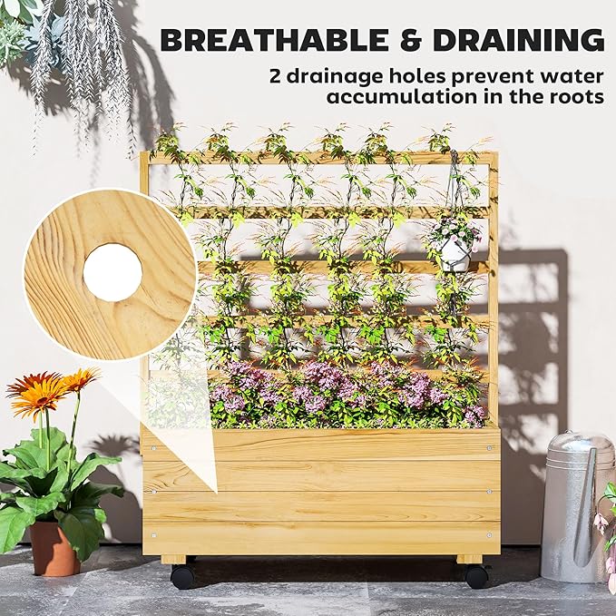 Outsunny Raised Garden Bed with Trellis and Wheels Outdoor Wooden Elevated Planter Box Freestanding Raised Flower Bed for Climbing Plants Flowers Herbs and Vegetables Natural