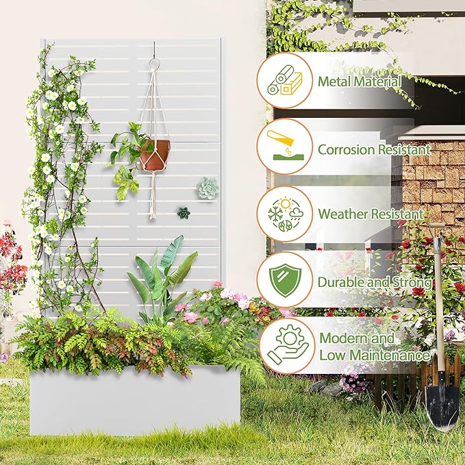Trellis for Climbing Plants OutdoorMental Garden Bed with Drainage Holes Outdoor Privacy Screen Design Tall planters for herb Flower Vegetables 73x35x16 White-Louvered