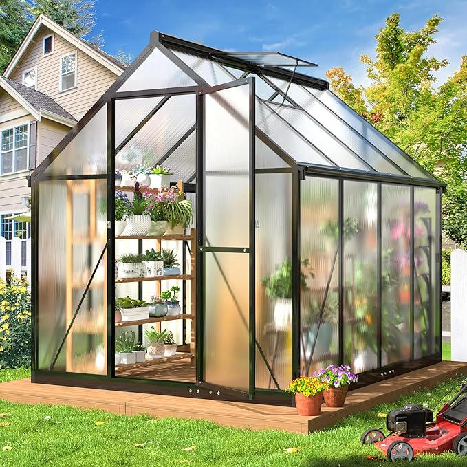 WKM 5.8x7.3 FT Greenhouse for Outdoors Quick-fit Structure Polycarbonate Greenhouse with Window for Ventilation Walk-in Aluminum Green House for Outside Garden Backyard Black