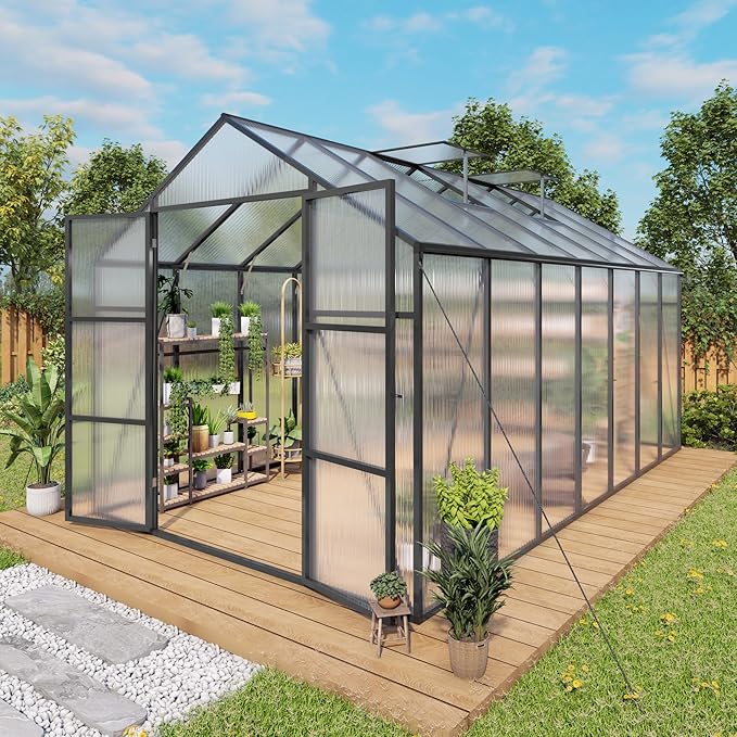 Greenhouse for Outdoors 8x14x7.8FT Polycarbonate Greenhouse with Stronger Wind Protection and Roof Vent Walk-in Large Aluminum Sunroom Winter Proof Black