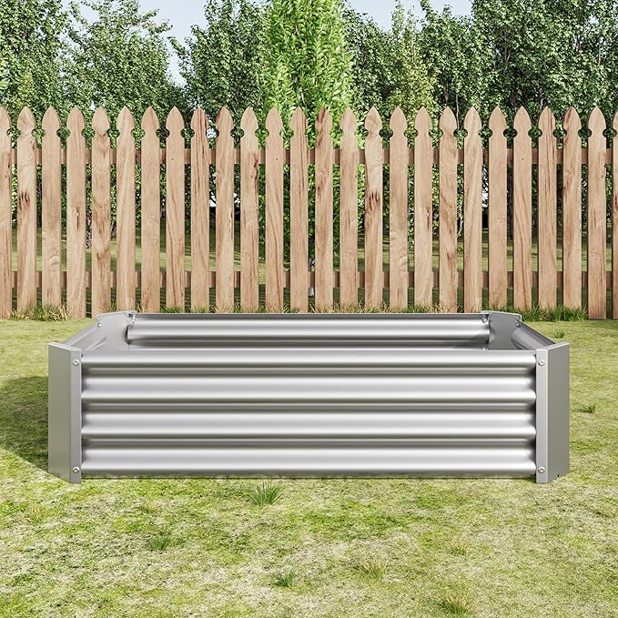 Metal Raised Garden Bed Rectangle Raised Planter 4×2×1ft for Flowers Plants Vegetables Herb Silver