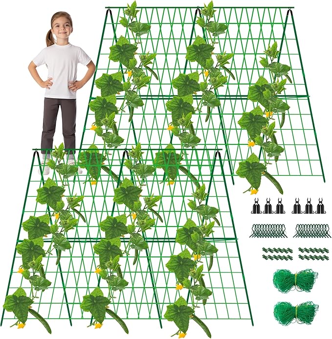 2 Packs 48 x 48 Foldable Cucumber Trellis for Raised Bed- A-Frame Garden Trellis for Climbing Plant Outdoor with Climbing Net &amp Plant Support Clip for Outdoor Plants Zucchini Vegetables Flowers
