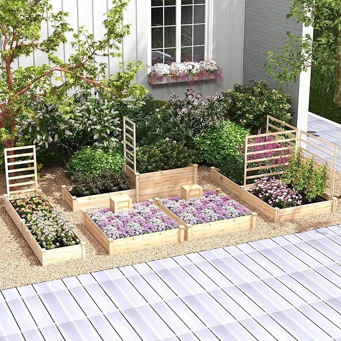S AFSTAR Raised Garden Bed with Wood Composter 49 x 49 x 10 Open Base Fir Wood Garden Bed Outdoor Elevated Garden Box Raised Bed Above Ground Planter Box for Veggies Fruits Flowers Herbs