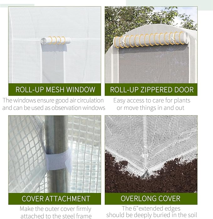 Outsunny 14.6' x 6.6' x 6.6' Walk-in Tunnel Greenhouse Large Garden Hot House Kit with 6 Roll-up Windows &amp Roll Up Door Steel Frame White