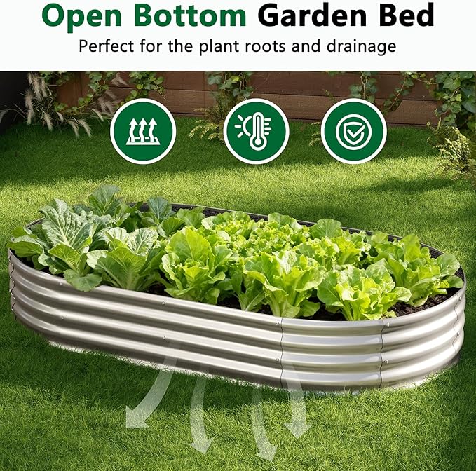 zizin 2 Pack Galvanized Raised Garden Bed Metal Oval Raised Garden Beds Outdoor Planter Box for Vegetables (8x4x1FT Silver)