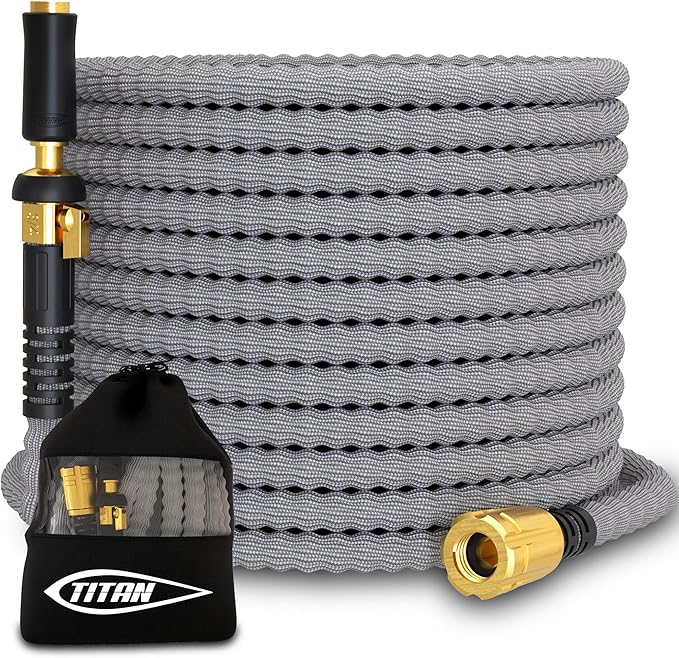 TITAN Flexible Garden Hose 7FT – Ultra Lightweight Heavy Duty Water Hose with Brass Fittings &amp Jet Nozzle – Kink-Free Non-Expanding Durable Fabric Hose for Yard Lawn Car Wash Outdoor Use