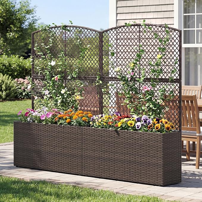 BECOMFORT 58”H Raised Garden Bed with Trellis Tall Wicker Planter Box with Privacy Screen Liner &amp Drainage for Balcony Yard PE Rattan Outdoor Flower Box for Climbing Plants Vegetables &amp Fl