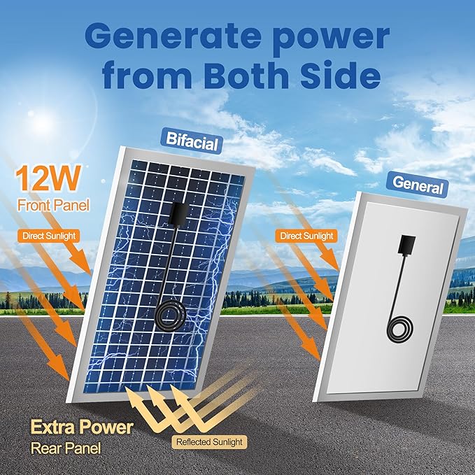 Solar Powered Fan with Battery and Adjustable Thermostat 6“ Solar Fan for Chicken Coop with 12W Bifacial Solar Panel Outdoor Greenhouse Exhaust Fan with Anti-backflow Valve