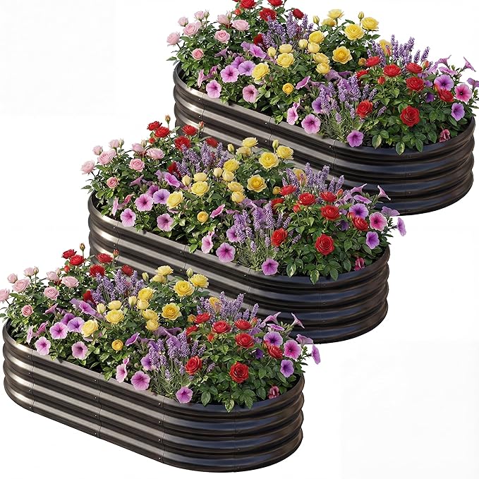 AHEONLAR 3 Pack 6×3×1ft Galvanized Raised Garden Beds Oval Durable Planter Boxes Outdoor for Vegetables Fruits Flowers and Plants Quick Assembly Black