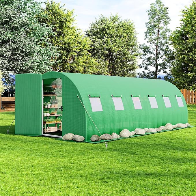 AMERLIFE 20×10 FT Tunnel Greenhouse with Built-in Sprinkler System Walk-in Greenhouse for Backyard Gardening Heavy Duty Galvanized Steel Frame &amp Waterproof PE Cover Green