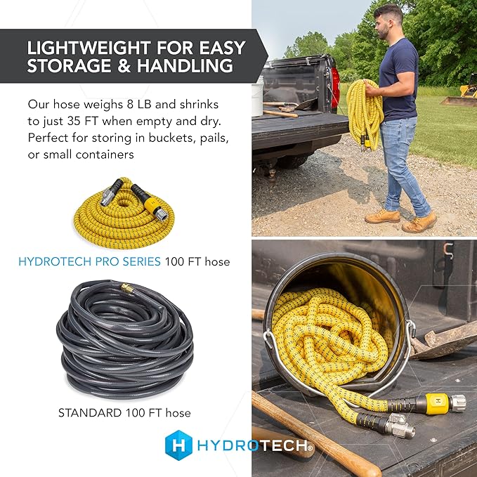 HydroTech 100 ft Expandable Garden Hose - Pro Series 2x Max Flow 3/4 No-Kink Flexibility Lightweight Hose for Lawn Garden Car Washing Deck and Patio Cleaning