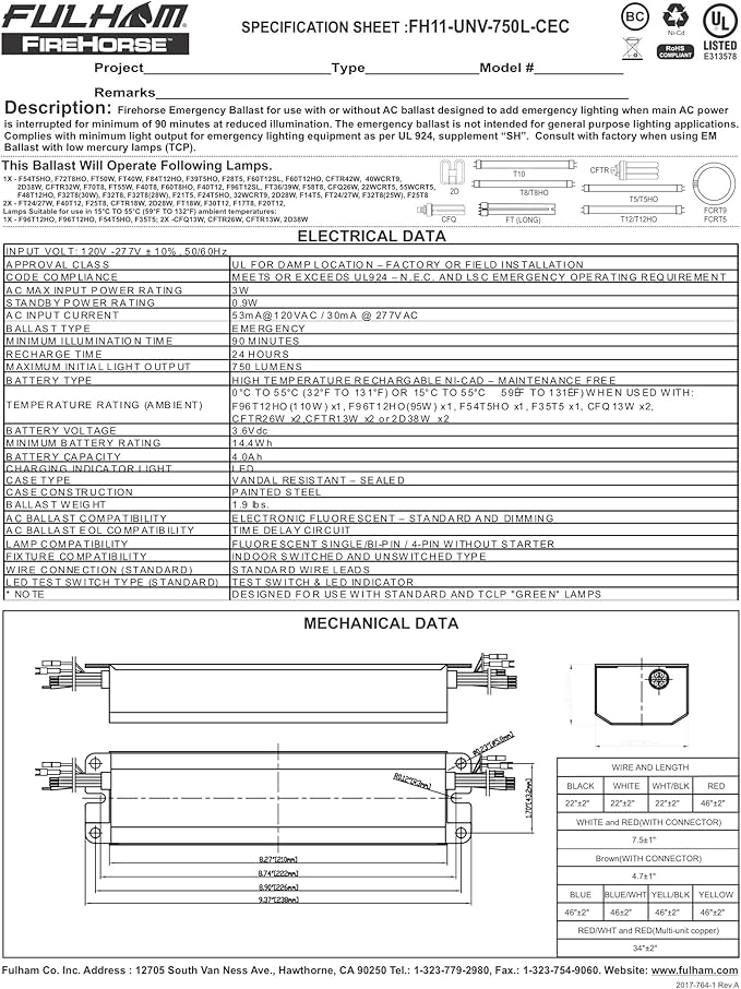 Fulham FH11-UNV-750L-CEC FireHorse 11 - Emergency Ballast - Universal Voltage - 750 Initial Lumen Output White
