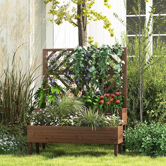 LDAILY Raised Garden Bed with Trellis &amp 2 Planter Boxes 2-Tier Wooden Raised Bed with Bottom Elevated Legs &amp 10 Drainage Holes Gardening Planter Box for Flowers/Vegetables/Fruits in Backyar