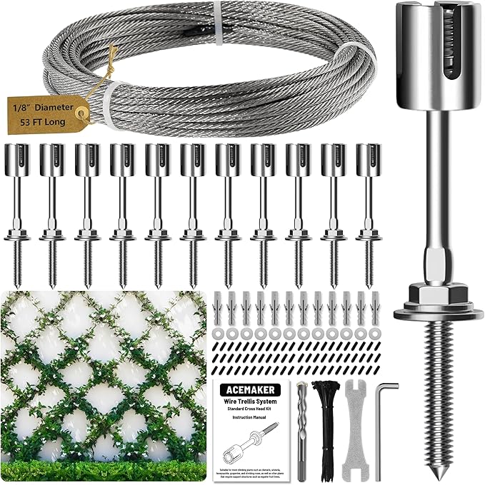 Wire Trellis for Climbing Plants Outdoor 12-Set Wall Wire Trellis Kit with 1/8in x 53ft Stainless Steel Cable T316 Espalier System for Fence and Garden DIY Projects