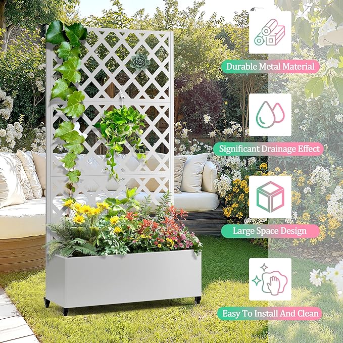 Metal Raised Garden Bed with Trellis for Climbing Plants Vegetable VinesMetal Planter Box with Trellis 73x35x16Trellis with Planter Box &amp Privacy ScreenRaised Garden Bed On Wheels(White)