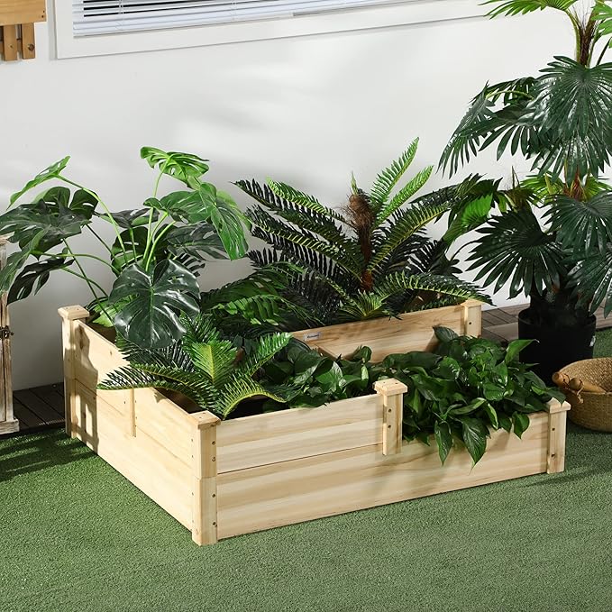 Outsunny 3 Tier Raised Garden Bed Outdoor Planter Box Wooden Garden Box with Open Bottom for Growing Vegetables Herbs Flowers 42.5 x 34.75 x 14.25 Natural