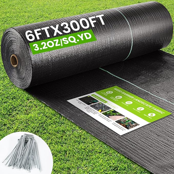 Rintea 6FTX300FT Weed Barrier Fabric 3.2oz Landscape Fabric Durable Weed Barrier Fabric Heavy Duty with 20 U-Shaped Securing Pegs for Landscaping Weed Blocker Garden Bed Cover Commercial Driveway