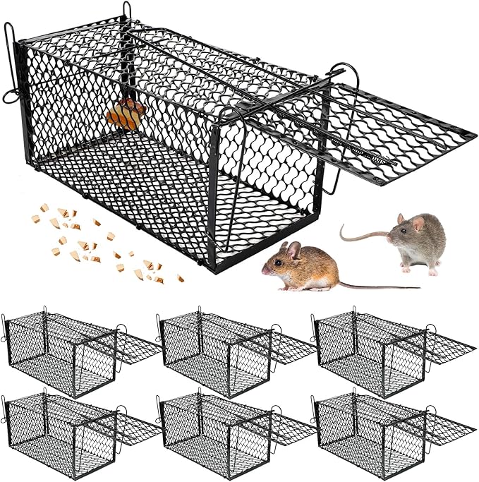Qualirey 6 Pcs Humane Rat Trap Small Chipmunk Mouse Squirrel Cage Rodent Animal Voles Hamsters Cage Catch and Release Trap for Home Garden Indoor Outdoor(Black12 x 5.5 x 5.5 Inch)