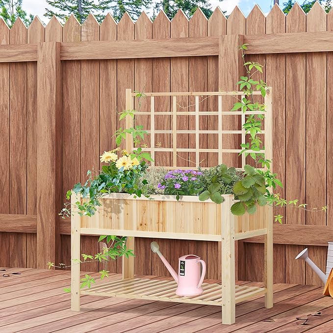 Outsunny 47'' Wooden Raised Garden Bed with Trellis Coutryside Style Elevated Planter Box Stand with Open Storage Shelf Spacious Planting Area for Vegetables Herbs Flowers