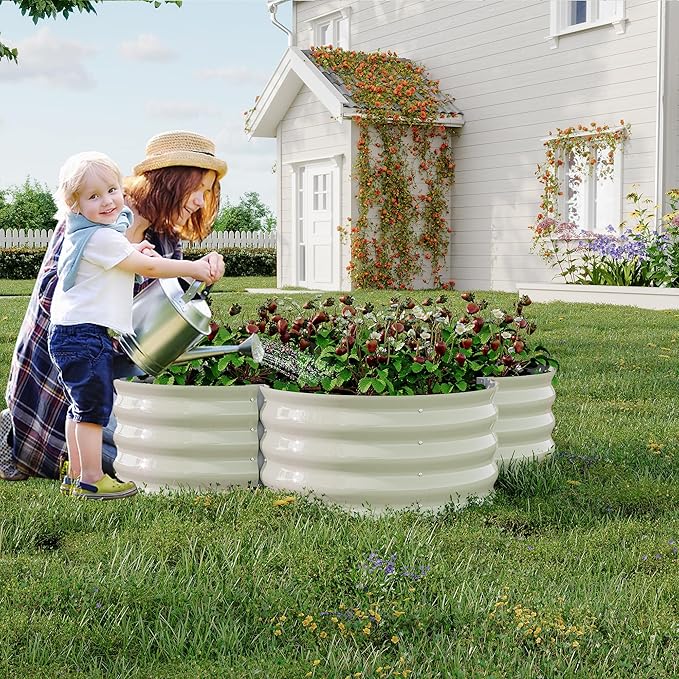GarveeLife 2-Pack Galvanized Raised Garden Bed – Rust-Resistant Petal-Shaped Outdoor Planter Box with Open Base for Herbs Veggies &amp Flowers Ground-Connected Design for Deep Root GrowthBeige