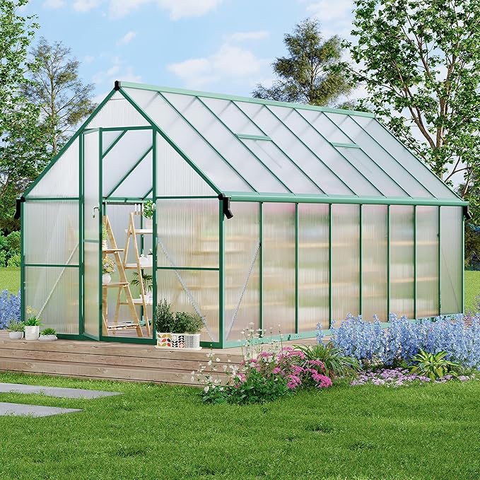 8X16 ft Polycarbonate Greenhouse with Aluminum Frame Polycarbonate Greenhouse for Outdoors Greenhouses with Ventilation and Rain Gutter Aluminum Large Walk-in Greenhouses for Outside