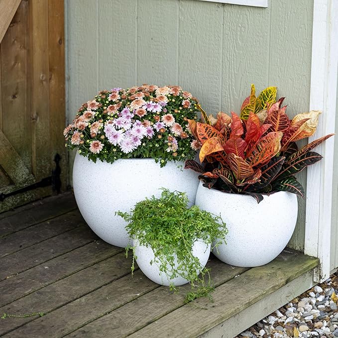 Beuta Large Planters for Outdoor Plants - Set of 3 8/12/14 Inches Outdoor Planters for Porch - Tall Planter for Outdoor &amp Indoor Plants | Large Indoor Plant Pot - USA Made - Limewash