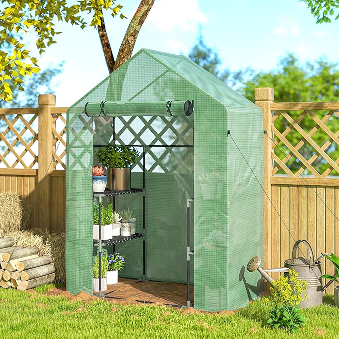 Outsunny 56 x 29 x 76 Portable Walk-In Garden Greenhouse with Built In 3-Tier Shelves
