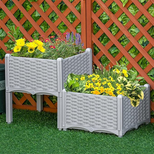 2 Pcs Raised Garden Bed with Legs Self Watering Planter Box Raised Bed to Grow Flowers Herbs Vegetables Gray