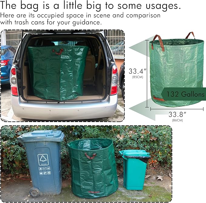 Gardzen 2-Pack 132 Gallon Yard Waste Bags Reusable Heavy Duty Collapsible Garden Leaf Bags with Plastic Ring Stand-Up Yard Waste Bin for Leaves Lawn Debris &amp Grass Clippings