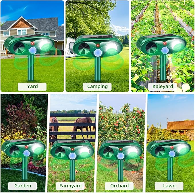 2026 Upgraded Solar Ultrasonic Animal Repellent Outdoor Cat Deer Repellent with Motion Sensor Strobe Light IP65 Waterproof Repeller Keep Rodent Squirrel Raccoon Opossum Skunk Out of Yard Farm4 Pack