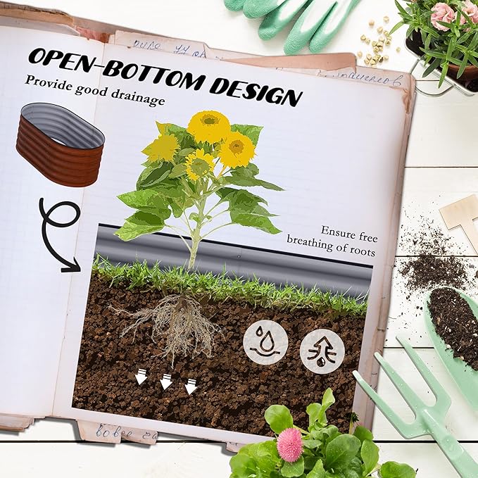 3.5' x 2' x 1.4' Galvanized Raised Garden Bed Kit Outdoor Metal Elevated Planter Box with Safety Edging Easy DIY Stock Tank for Growing Flowers Herbs Vegetables Brown