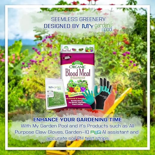 Espoma DB17 Blood Meal 17 lb. Bag with My Garden Pool PH Soil Test Strips 20 ct and My Garden Pool Superior Gardening Claw Gloves and Garden-IQ Smart Gardening AI Assistant!