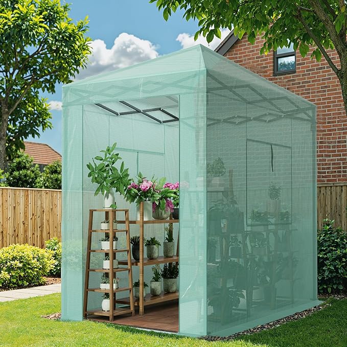 Greesum 6x4 FT Portable Small Greenhouse with PE Cover Zippered Door and 2 Roll-up Windows Easy Assemble(Green)