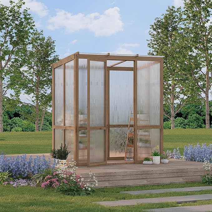 4x6FT Wooden Greenhouse with Cedar Frame Outdoor Wood Greenhouses with Roof Vent Wood and Polycarbonate Walk-in Greenhouse