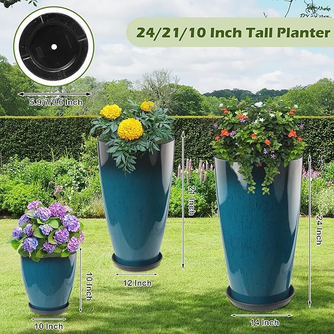 24-21-11 Inch Tall Planters Set of 3 Indoor Outdoor Blue Glossy Round Planter with Drainage Hole and Saucer Large Decorative Plant Pots for Home Garden Porch (Blue)