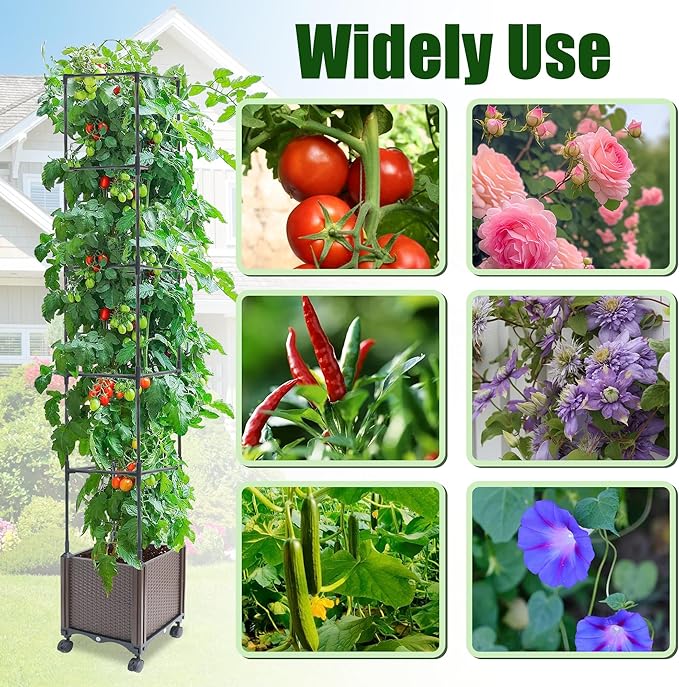 Raised Garden Bed Planter Box with Trellis 74 Self-Watering Tomato Planters for Climbing Plants Vine Flowers Outdoor Patio Tomatoes Cage with Wheels 1Pack