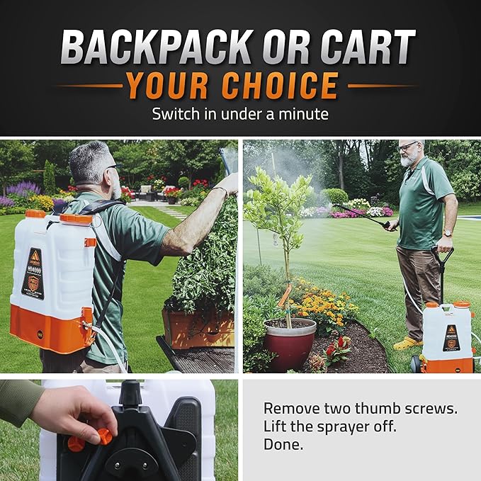 PetraTools Battery Powered Backpack Sprayer 4 Gallon - 8 Hours Long Battery Life &amp Padded Straps for Comfort - HD4000 Electric Backpack Garden Sprayer with 9 Spray Nozzles (HD4000 ProSeries with C