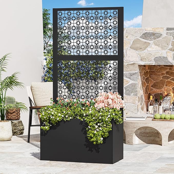 Modern Shade Metal Planter Box with Trellis Privacy Screen 4x6 FT Large Raised Garden Bed Multi-Functional Privacy Screen Outdoor with Drainage Holes for Climbing Plants Petal Weave