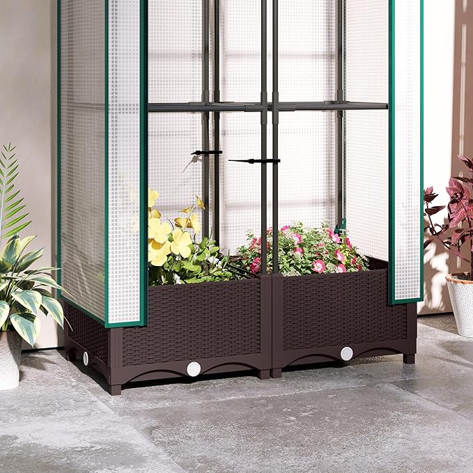 Outsunny Plastic Raised Garden Bed with Trellis Outdoor Planter Box with PE Greenhouse Cover Drainage Holes and Zipper Door for Climbing Plants Herbs and Vegetables 31.5 x 15.7 x 48.8 Brown